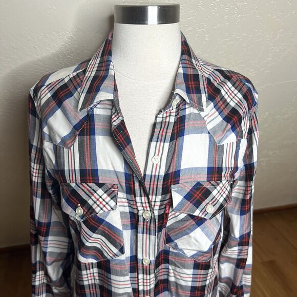 3/$30 Levis Shirt Dress Womens XS Red Blue Plaid Long Sleeve Button Down - Picture 3 of 9